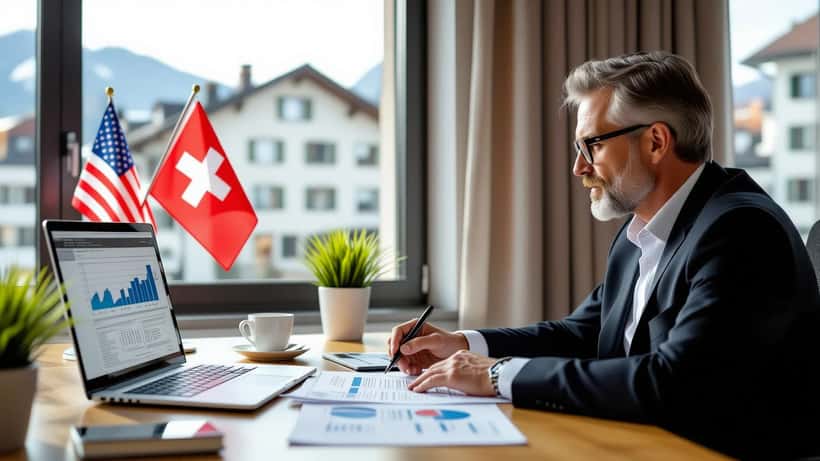 Conseiller financier suisse examinant des documents de conformité fiscale FATCA dans un bureau bancaire à Zurich