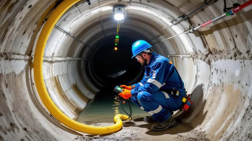 Trabalhador de manutenção com detetor de gases em espaço confinado subterrâneo no Algarve