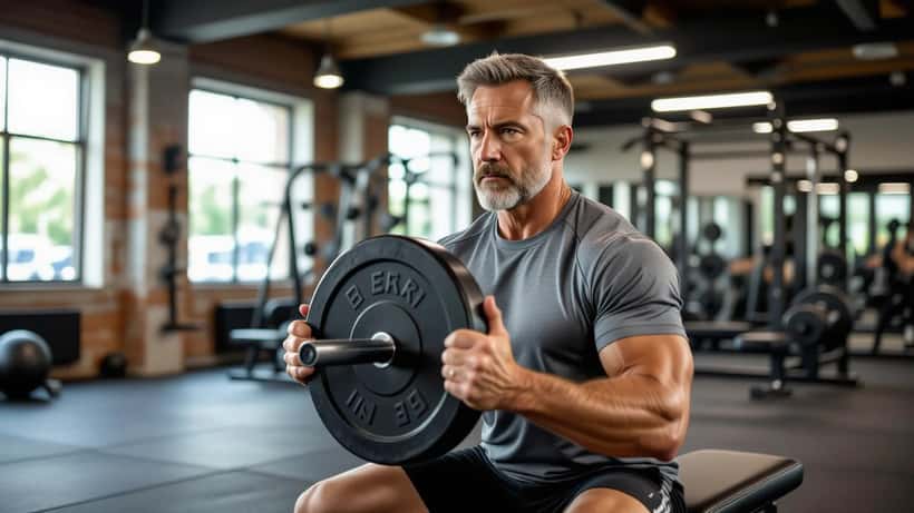 Uomo di mezza eta che si allena con i pesi in palestra per contrastare la sarcopenia