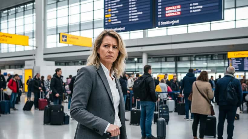 Reisende vor Anzeigetafel mit annullierten Lufthansa-Flügen am Frankfurter Flughafen