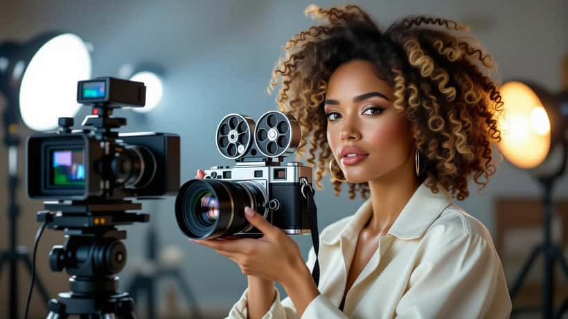 Stijlvolle vrouwelijke filmregisseur op filmset in 2026 met camera