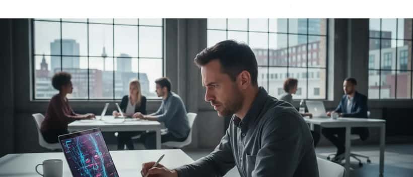 Deutscher IT-Experte am Laptop in Berliner Coworking-Space mit KI-Gesichtserkennung auf Bildschirm