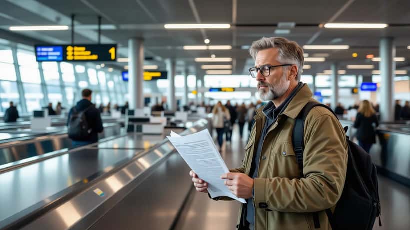 Passagier am Gepäckband sucht verlorenen Koffer mit Schadensformular in der Hand