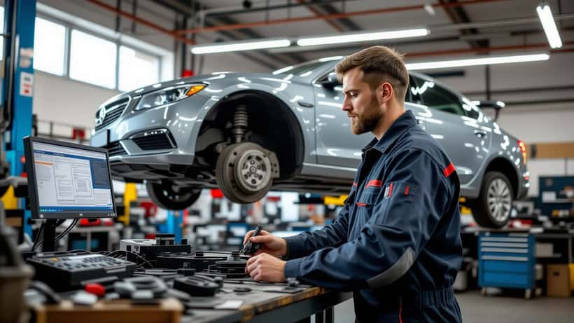 Mechanic inspecting a car's front brake disc on a hydraulic lift before a high-altitude mountain road trip
