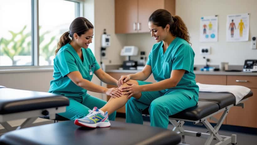 Médico examinando tobillo de bailarina durante consulta de medicina deportiva en Miami