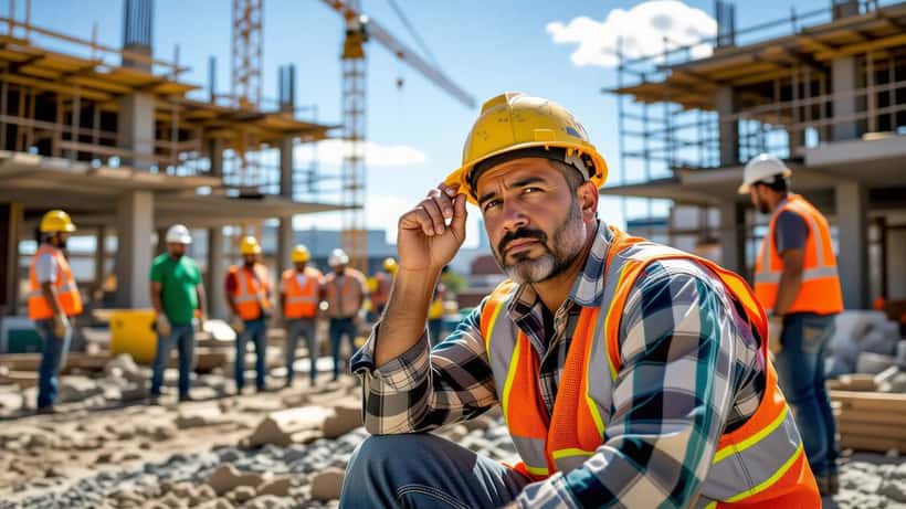 Trabajador hispano de construcción en Houston sujetando su casco con expresión de dolor tras golpe en la cabeza en obra