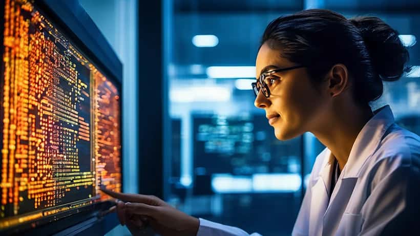 Upplýsingatæknisérfræðingur skoðar gervigreindargögnin í heilsugæslukerfi