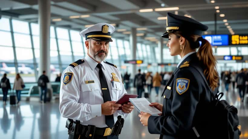 Football referee at airport immigration checkpoint with passport documents
