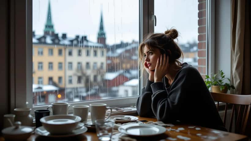 Kvinna vid regnskölkt fönster i Stockholm-lägenhet, symbol för isolationens psykologiska påverkan