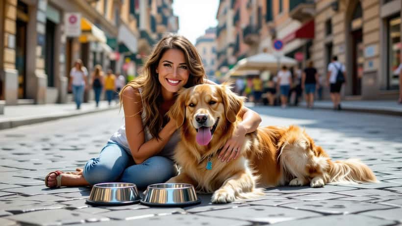 Donna accovacciata accanto a un cane che ansima per il caldo su un marciapiede di Roma in estate 2026
