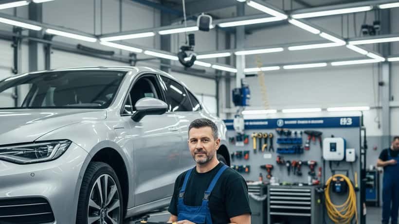 Kfz-Meister im modernen Elektroauto-Werkstatt in München mit Diagnose-Tablet