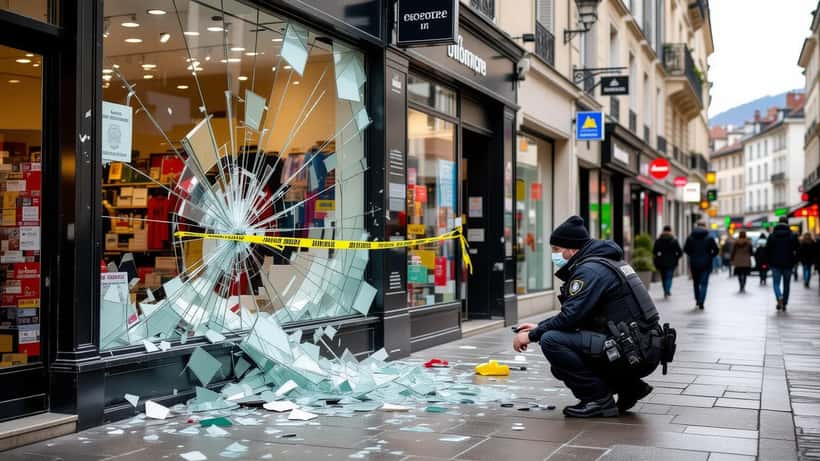 Vitrine soufflée et ruban de police jaune sur une rue commerçante française après une explosion criminelle