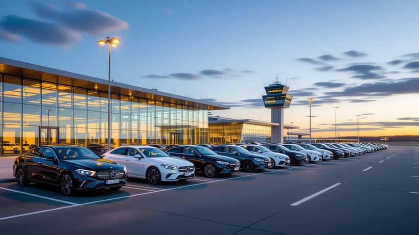 Parkeringsplads ved Billund Lufthavn i aftenlys med terminalbygning i baggrunden