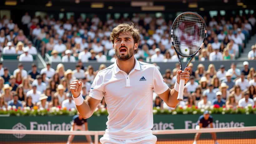 Junger Tennisspieler feiert Punktgewinn auf Sandplatz Madrid
