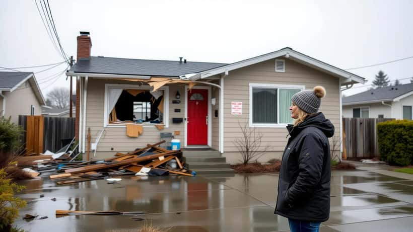 Homeowner surveying storm-damaged beachfront house in Dana Point, California with red-tag notice on the door after 2026 El Niño flooding