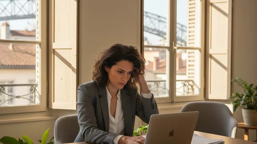 Femme française consultant son ordinateur portable pour résilier son abonnement Ligue 1 Plus