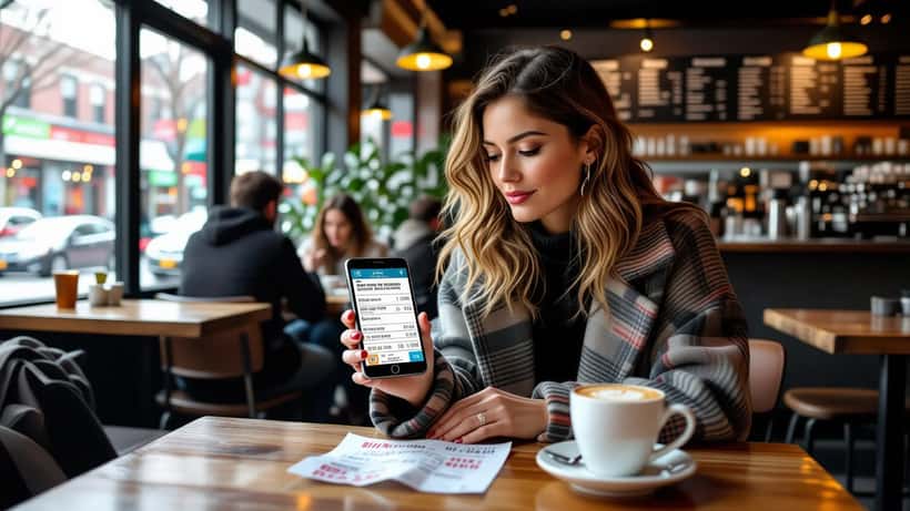 Consommatrice consultant les prix de billets de revente sur son téléphone dans un café à Montréal