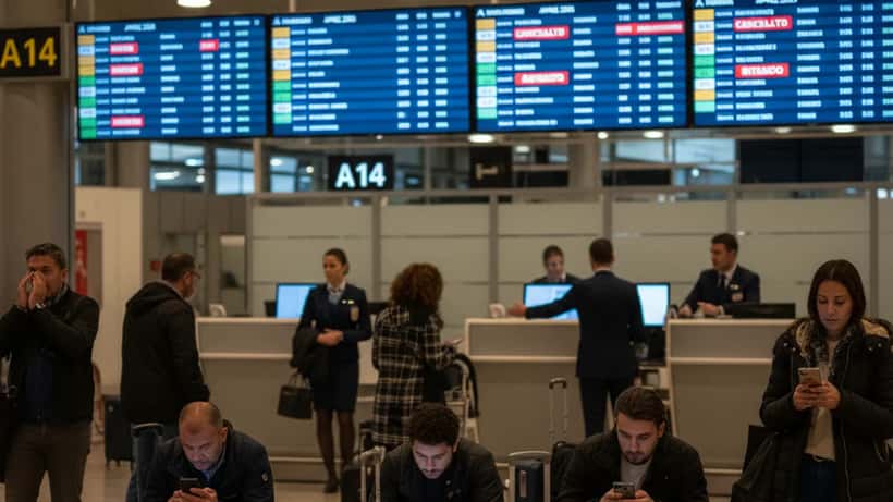 Passeggeri in attesa a un gate dell'aeroporto di Linate con tabelloni che mostrano voli cancellati e ritardi