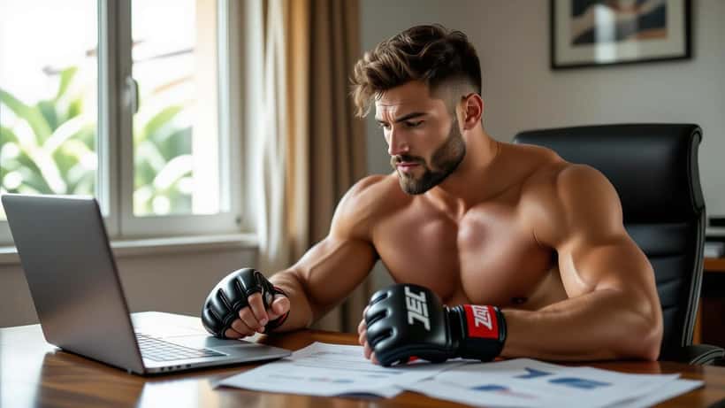 Atleta brasileiro revisa contratos financeiros e documentos fiscais em escritório doméstico