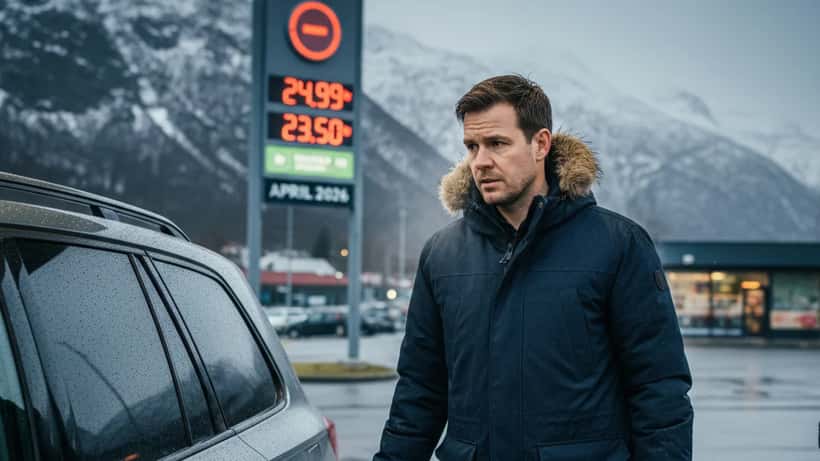Norsk bilist fyller drivstoff ved en bensinstasjon nær Bergen etter avgiftskuttet 1. april 2026