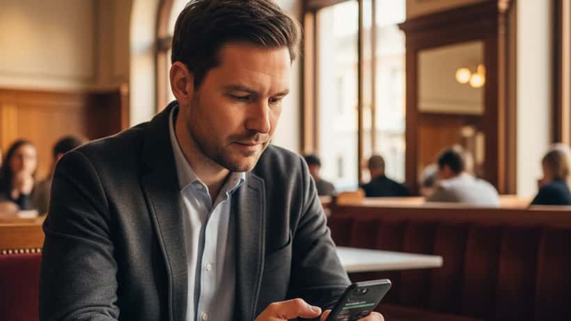 Österreichischer Anleger prüft XRP-Kursentwicklung auf Smartphone in Wiener Kaffeehaus