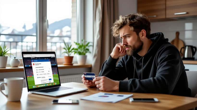 Bekymret mann sjekker en falsk VM-billettside på laptop og phishing-e-post på mobilen ved kjøkkenbordet.