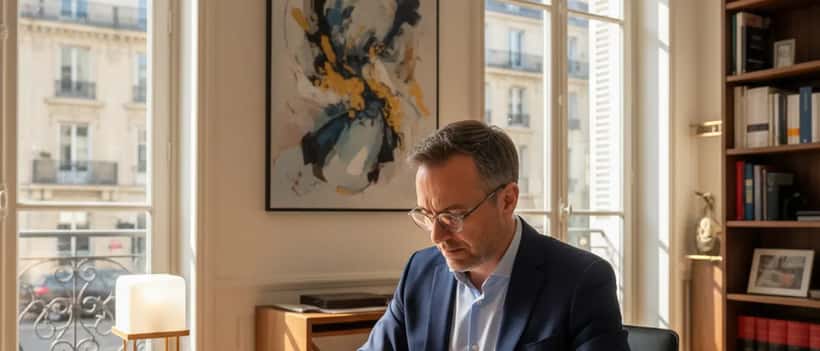 Avocat en droit de la propriété intellectuelle révisant un contrat musical dans un bureau professionnel