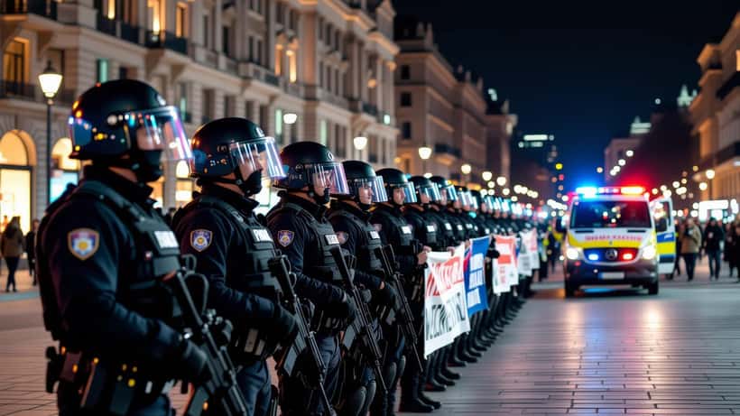Polícia de intervenção numa praça do Porto à noite, com manifestantes e ambulância ao fundo