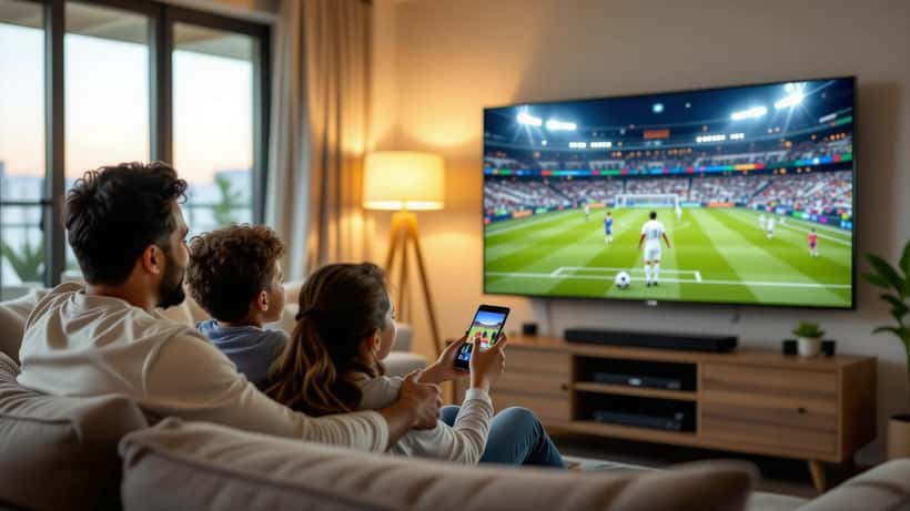 Familia latina viendo un partido de fútbol de la Saudi Pro League en la televisión desde su apartamento en Los Ángeles