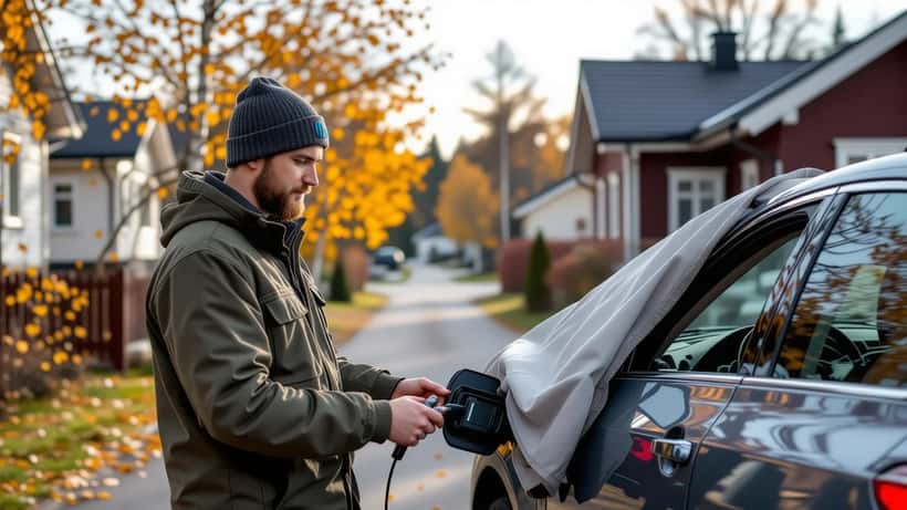 Nuori suomalainen varusmies kytkee ylläpitolaturin pihaan seisomaan jäävään autoon