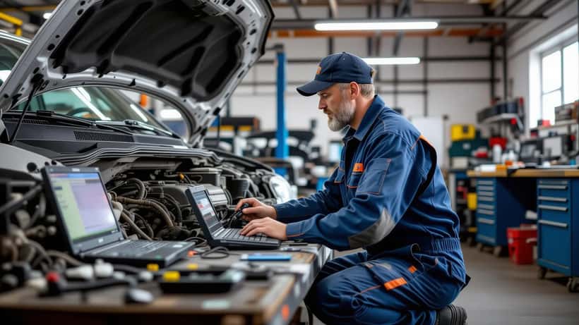 Bilmekaniker diagnostiserar dieselmotor med OBD-II scanner i ett svenskt bilverkstad 2026