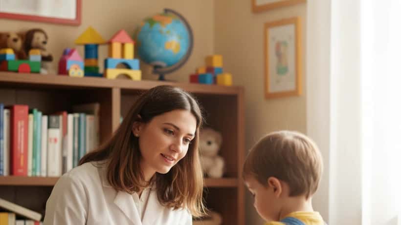 Neuropsichiatra infantile italiana in visita con un bambino in uno studio medico romano