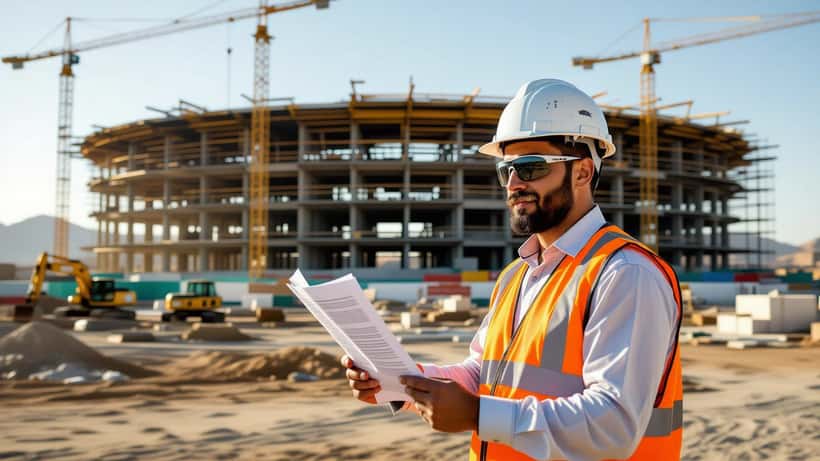 Trabalhador migrante de construção civil em andaime de estádio em Riade, Arábia Saudita, revendo contrato de trabalho