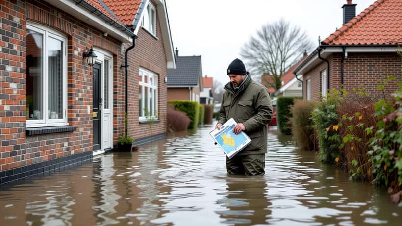 Oversvømmet stue i dansk parcelhus med salgsdokumenter og DMI-klimakort synlige, husejer vurderer skade efter stormflod efterår 2026