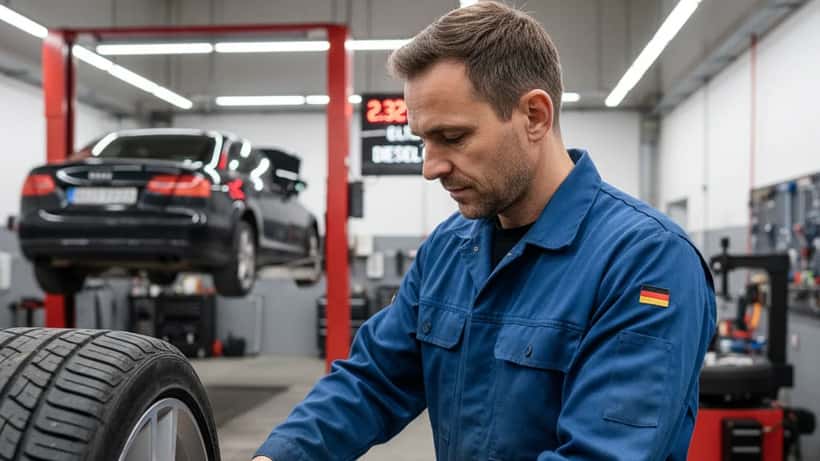 Deutscher Kfz-Mechaniker prüft Reifendruck in einer Werkstatt in Stuttgart