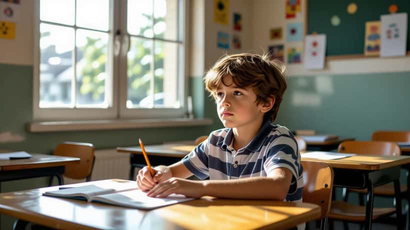 Enfant à son bureau scolaire par forte chaleur, thermomètre à 34°C, concentration difficile