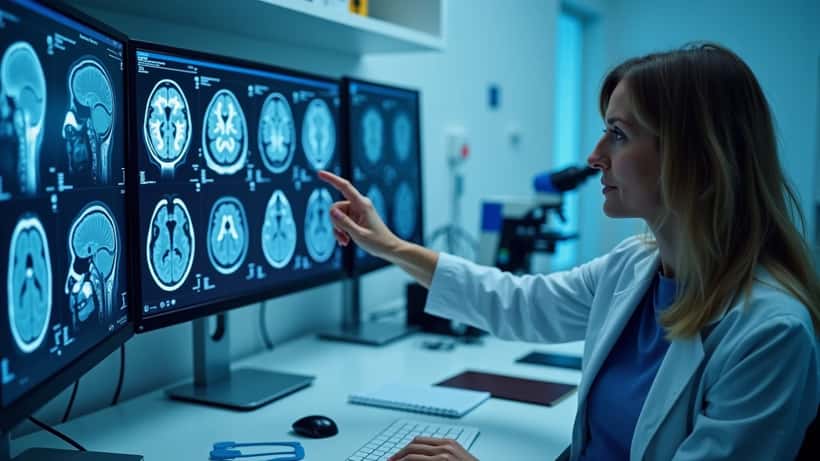 Taugafræðingur skoðar MRI-heilamyndir á tölvuskjá í rannsóknastofu Cambridge