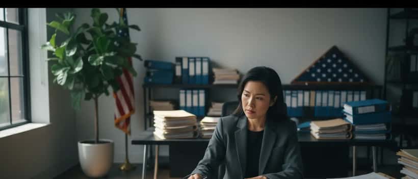 American immigration lawyer reviewing documents in a professional US law office with legal files and American flag