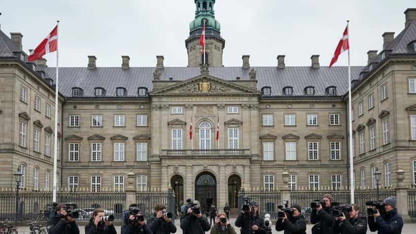 Christiansborg parlament i København med journalister udenfor