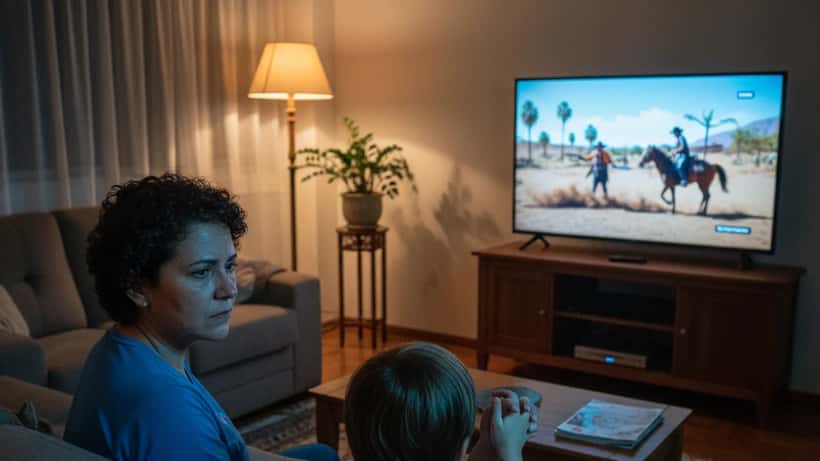 Mãe e filho assistindo cenas dramáticas na televisão em apartamento brasileiro à noite