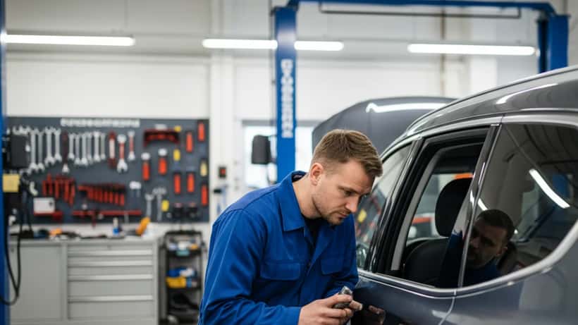 Norsk mekaniker inspiserer sete i SUV på et autoverksted i Oslo
