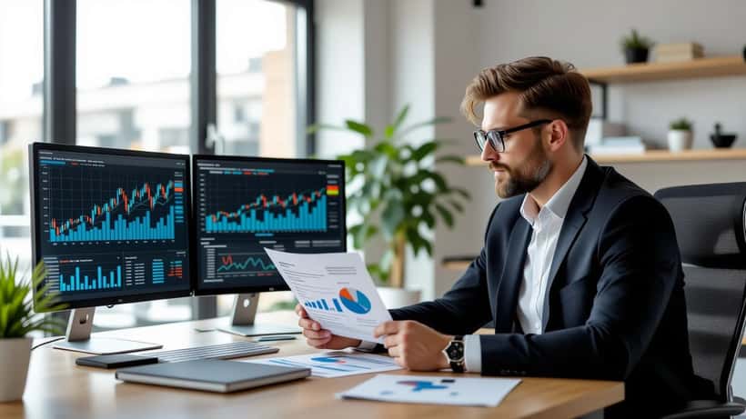 Dansk forretningsmand analyserer investeringsdiagrammer i moderne kontor