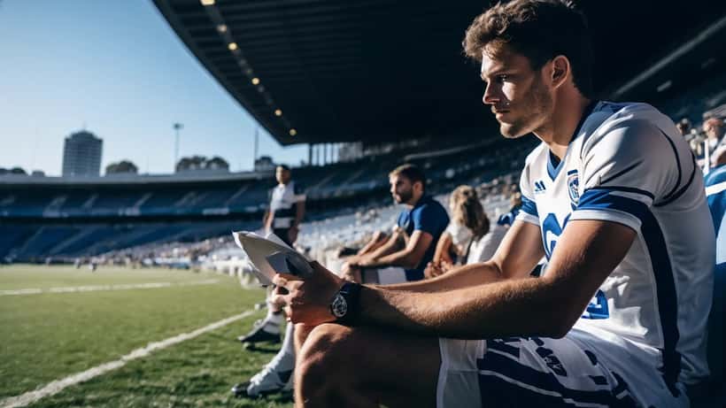 AFL footballer sitting on stadium bench with medical support staff during a mental health crisis