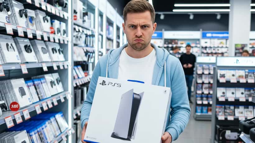 Deutscher Käufer prüft PS5-Konsole in einem Elektronikmarkt in München