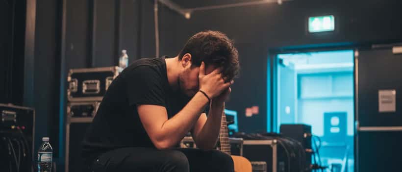 Young British male musician sitting alone backstage after a concert, contemplative expression, dim stage lighting