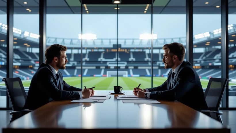 Advocaten bespreken een voetbaltransfercontract in een modern kantoor met uitzicht op een stadion