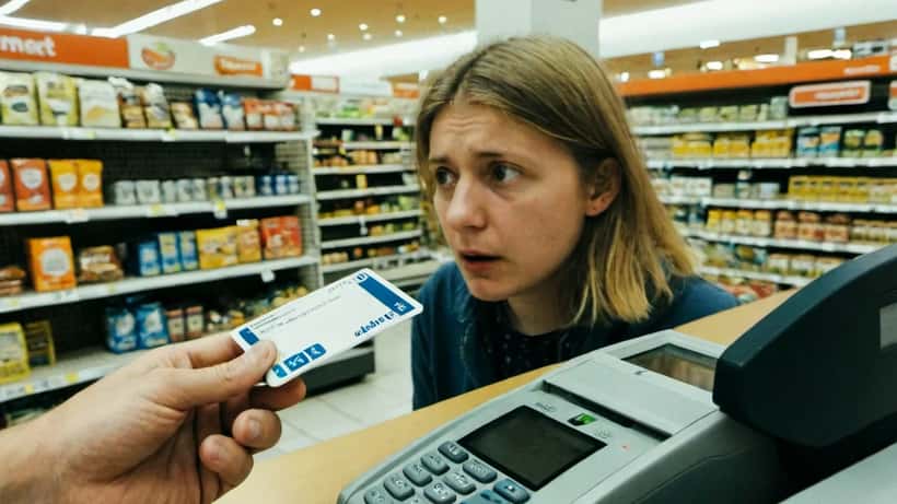 Verbraucher an Supermarktkasse mit abgelehnter Kartenzahlung