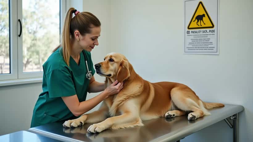 Female veterinarian examining a golden retriever for wildlife injuries in an Australian vet clinic