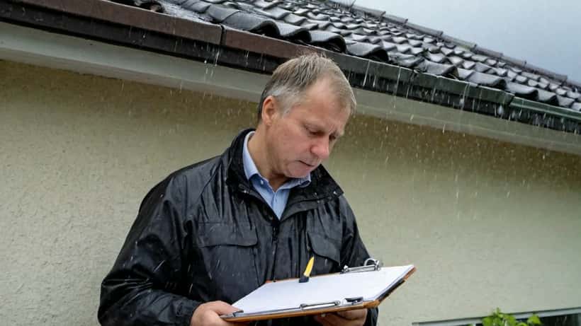 Rakennusammattilainen tarkastaa katon kuntoa myrskypilvisellä säällä ennen Super El Niñon kesää 2026