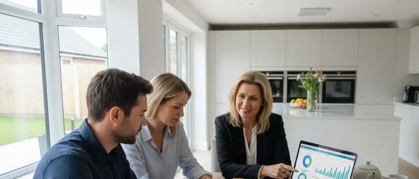 British couple reviewing mortgage documents at kitchen table with financial advisor